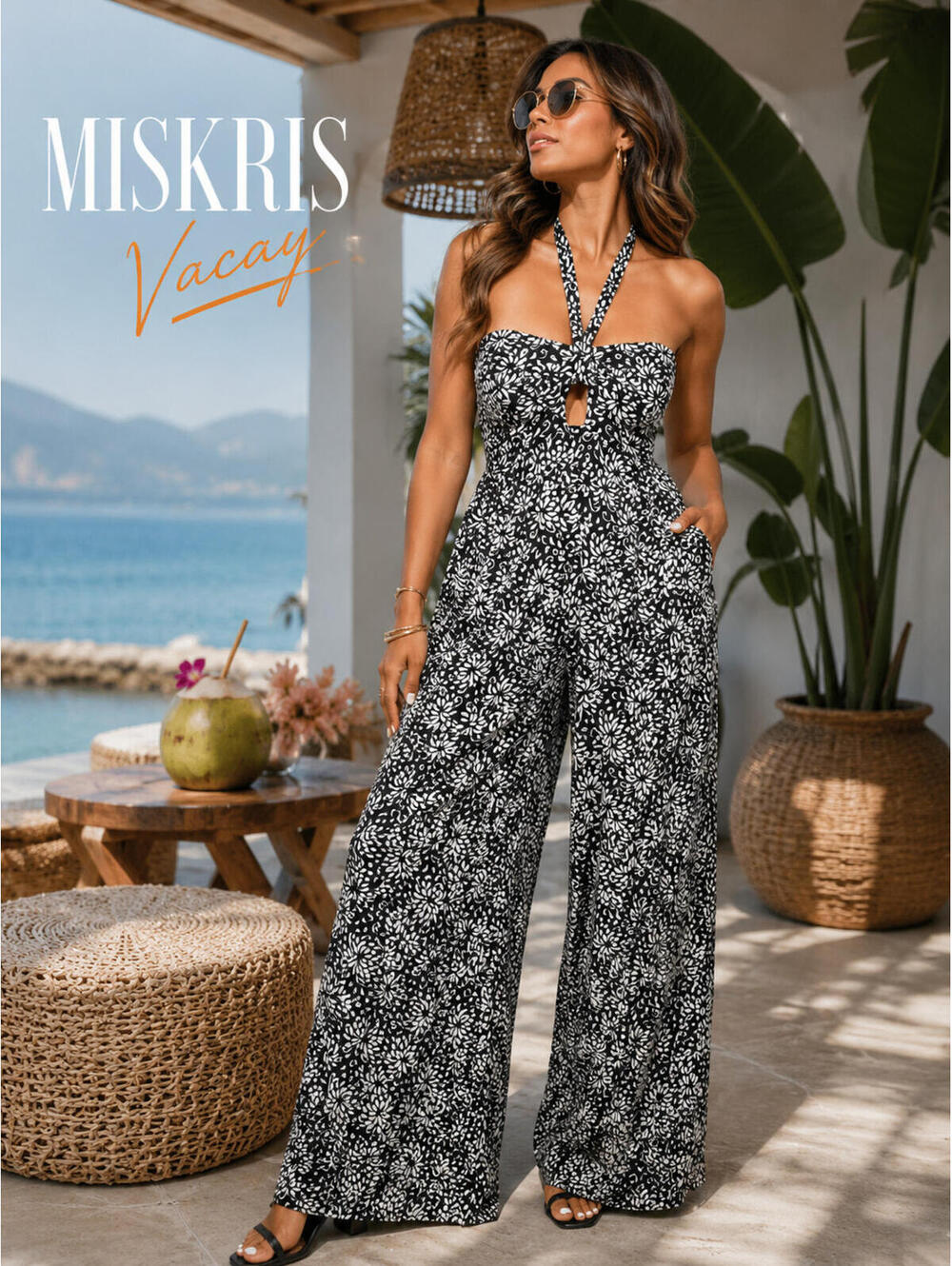 NWT Black White Floral Halter Wide Leg Jumpsuit Cutout Resort Small